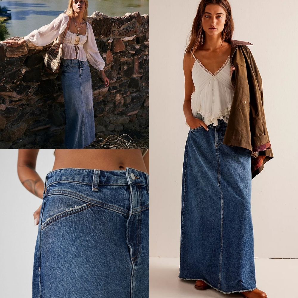We The Free Blue Denim Maxi Skirt